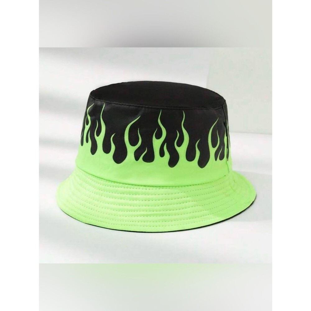 Neon Green & Black Flame Reversible Bucket Hat